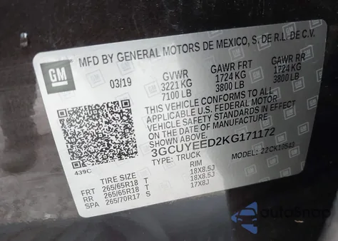 2019 Chevrolet Silverado Rst из США, поврежденный, VIN 3GCUYEED2KG171172